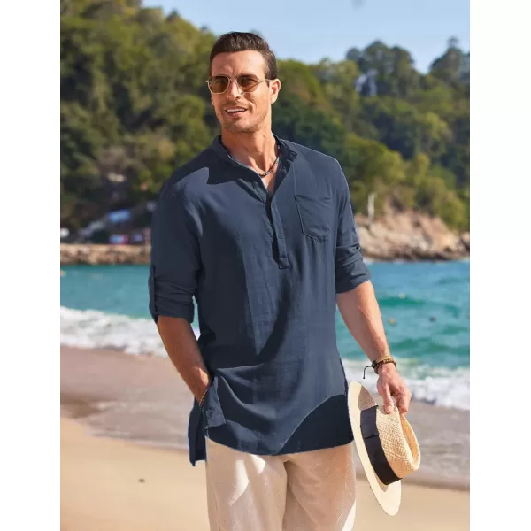 COOFANDY Men's Linen Henley Shirts Long Sleeve Collarless T-Shirts Longline Kurta Beach Shirts with Pocket