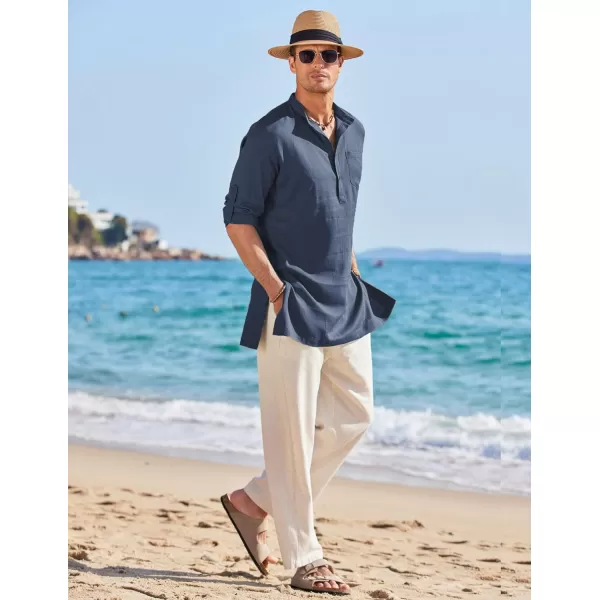 COOFANDY Men's Linen Henley Shirts Long Sleeve Collarless T-Shirts Longline Kurta Beach Shirts with Pocket