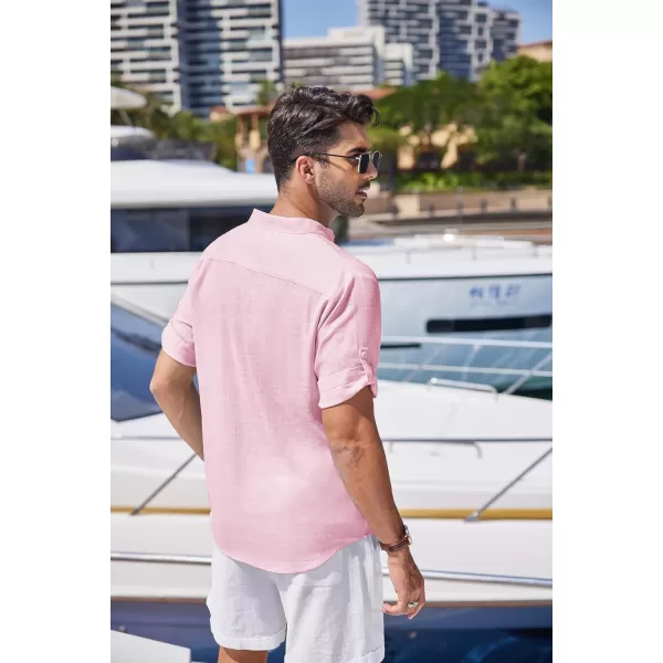 COOFANDY Men's Linen Henley Shirts Short Sleeve Casual Banded Collar Shirt Summer Beach Hippie T Shirts