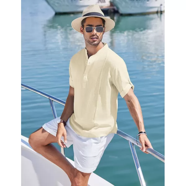 COOFANDY Men's Linen Henley Shirts Short Sleeve Casual Banded Collar Shirt Summer Beach Hippie T Shirts