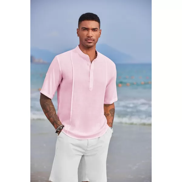 COOFANDY Men's Linen Henley Shirts Short Sleeve Casual Banded Collar Shirt Summer Beach Hippie T Shirts