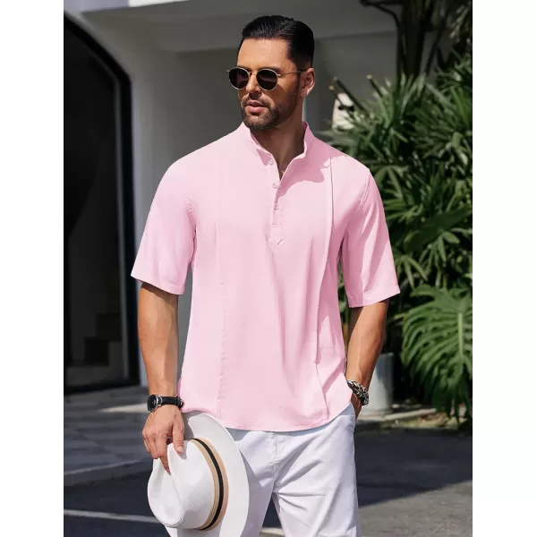 COOFANDY Men's Linen Henley Shirts Short Sleeve Casual Banded Collar Shirt Summer Beach Hippie T Shirts