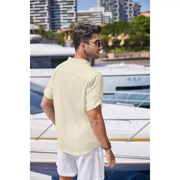 COOFANDY Men's Linen Henley Shirts Short Sleeve Casual Banded Collar Shirt Summer Beach Hippie T Shirts