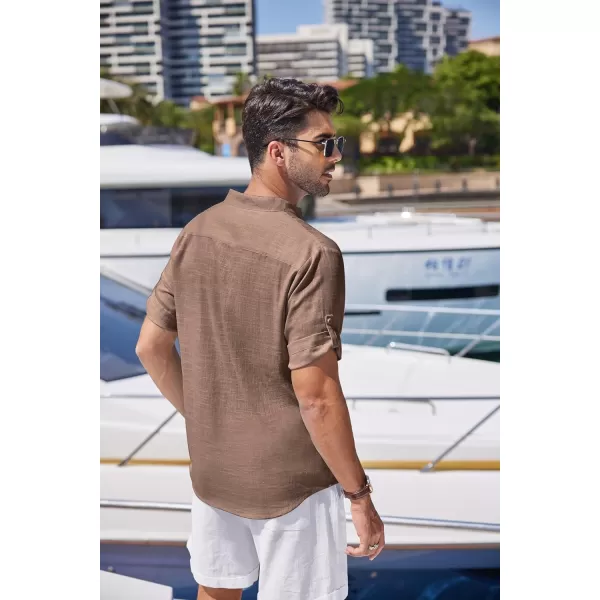COOFANDY Men's Linen Henley Shirts Short Sleeve Casual Banded Collar Shirt Summer Beach Hippie T Shirts