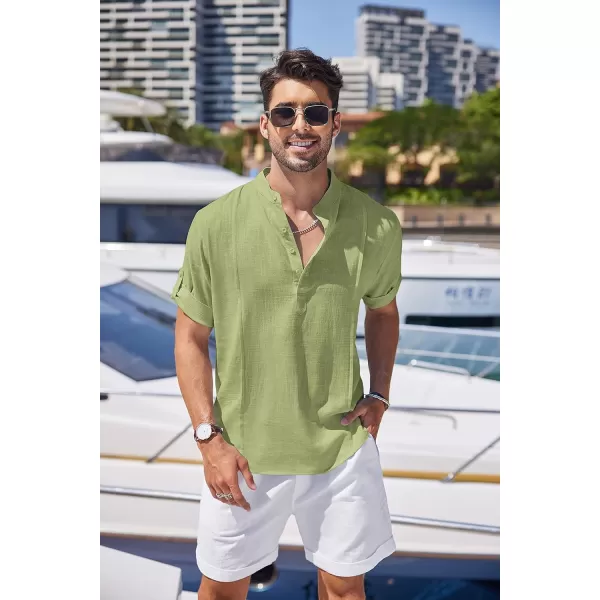 COOFANDY Men's Linen Henley Shirts Short Sleeve Casual Banded Collar Shirt Summer Beach Hippie T Shirts