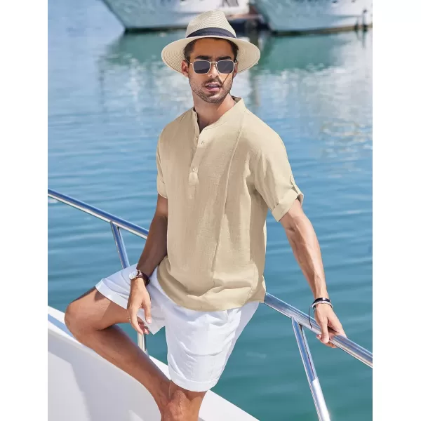 COOFANDY Men's Linen Henley Shirts Short Sleeve Casual Banded Collar Shirt Summer Beach Hippie T Shirts