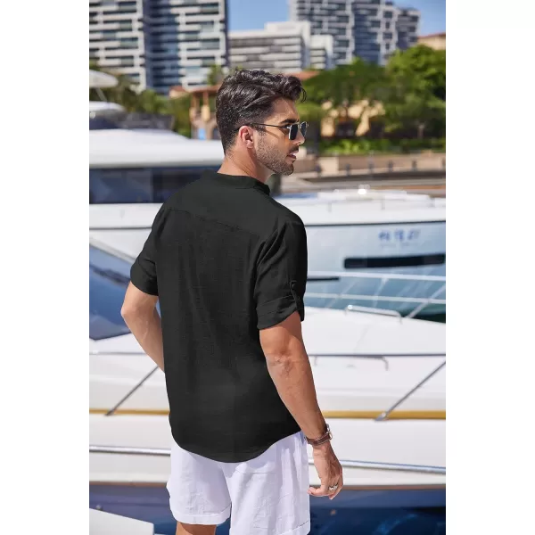 COOFANDY Men's Linen Henley Shirts Short Sleeve Casual Banded Collar Shirt Summer Beach Hippie T Shirts