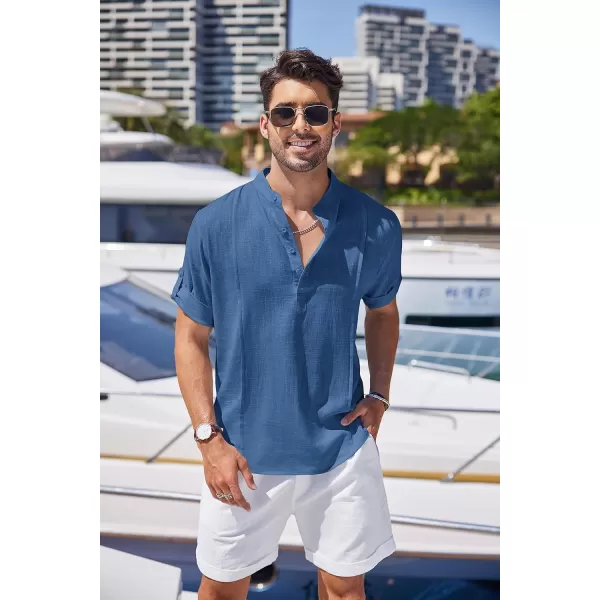 COOFANDY Men's Linen Henley Shirts Short Sleeve Casual Banded Collar Shirt Summer Beach Hippie T Shirts