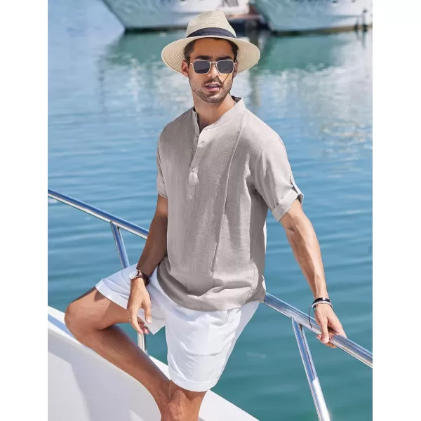 COOFANDY Men's Linen Henley Shirts Short Sleeve Casual Banded Collar Shirt Summer Beach Hippie T Shirts
