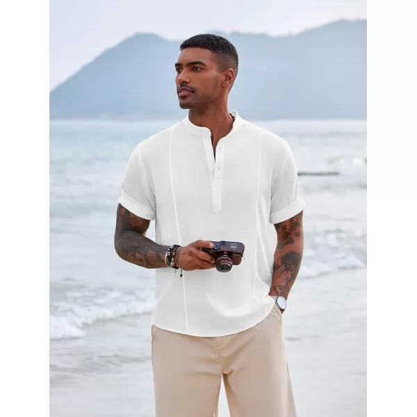 COOFANDY Men's Linen Henley Shirts Short Sleeve Casual Banded Collar Shirt Summer Beach Hippie T Shirts