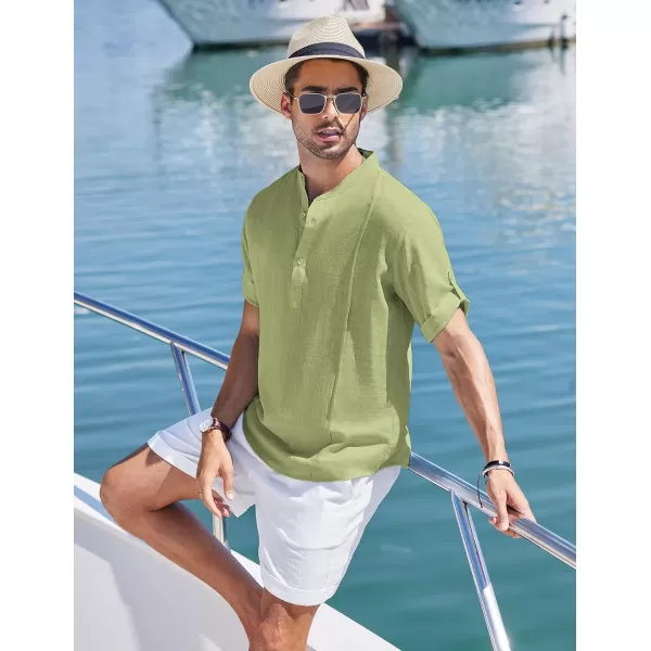COOFANDY Men's Linen Henley Shirts Short Sleeve Casual Banded Collar Shirt Summer Beach Hippie T Shirts