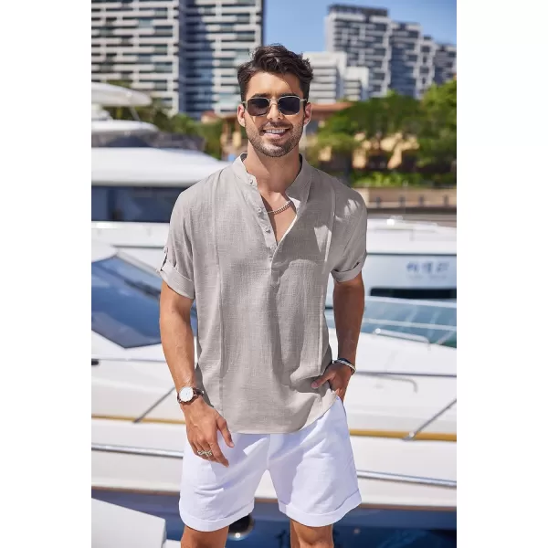 COOFANDY Men's Linen Henley Shirts Short Sleeve Casual Banded Collar Shirt Summer Beach Hippie T Shirts