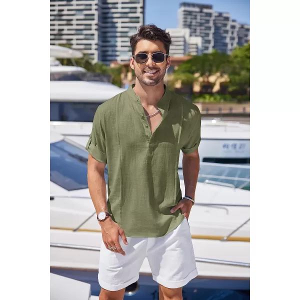COOFANDY Men's Linen Henley Shirts Short Sleeve Casual Banded Collar Shirt Summer Beach Hippie T Shirts