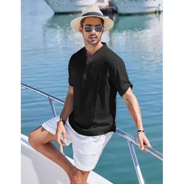 COOFANDY Men's Linen Henley Shirts Short Sleeve Casual Banded Collar Shirt Summer Beach Hippie T Shirts