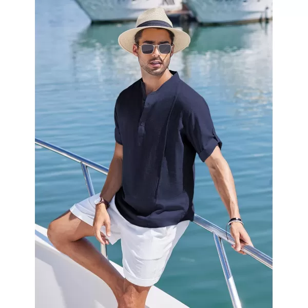 COOFANDY Men's Linen Henley Shirts Short Sleeve Casual Banded Collar Shirt Summer Beach Hippie T Shirts