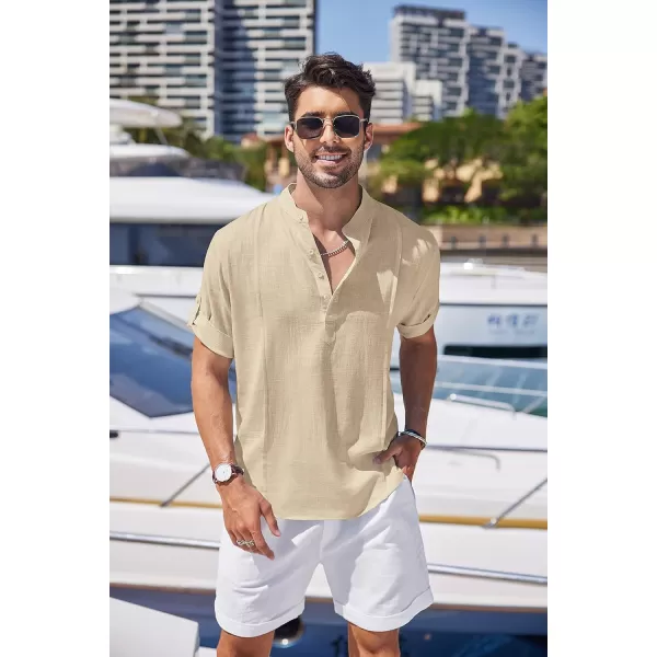COOFANDY Men's Linen Henley Shirts Short Sleeve Casual Banded Collar Shirt Summer Beach Hippie T Shirts