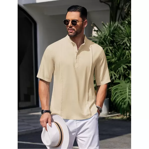 COOFANDY Men's Linen Henley Shirts Short Sleeve Casual Banded Collar Shirt Summer Beach Hippie T Shirts