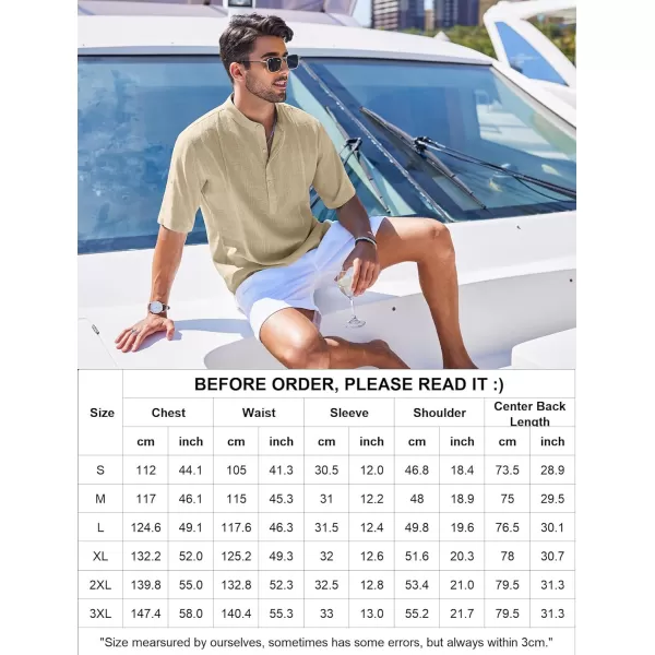 COOFANDY Men's Linen Henley Shirts Short Sleeve Casual Banded Collar Shirt Summer Beach Hippie T Shirts