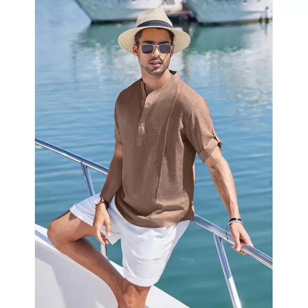 COOFANDY Men's Linen Henley Shirts Short Sleeve Casual Banded Collar Shirt Summer Beach Hippie T Shirts