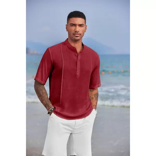 COOFANDY Men's Linen Henley Shirts Short Sleeve Casual Banded Collar Shirt Summer Beach Hippie T Shirts