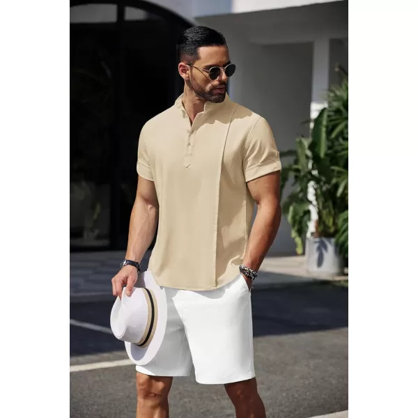 COOFANDY Men's Linen Henley Shirts Short Sleeve Casual Banded Collar Shirt Summer Beach Hippie T Shirts