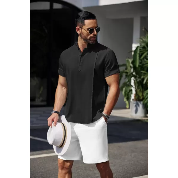 COOFANDY Men's Linen Henley Shirts Short Sleeve Casual Banded Collar Shirt Summer Beach Hippie T Shirts