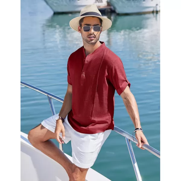 COOFANDY Men's Linen Henley Shirts Short Sleeve Casual Banded Collar Shirt Summer Beach Hippie T Shirts