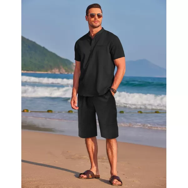COOFANDY Men's Linen Sets 2 Piece Outfits Short Sleeve Henley Shirts and Shorts Summer Beach Yoga Pants Set