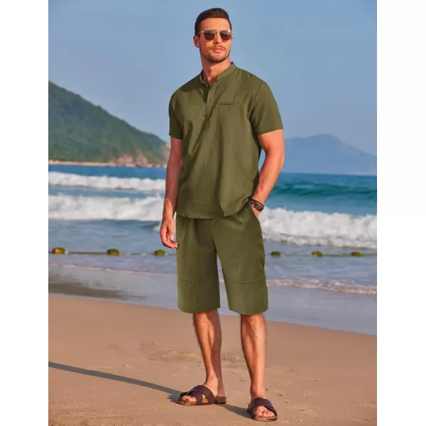 COOFANDY Men's Linen Sets 2 Piece Outfits Short Sleeve Henley Shirts and Shorts Summer Beach Yoga Pants Set
