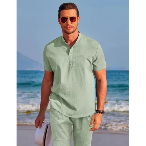 COOFANDY Men's Linen Sets 2 Piece Outfits Short Sleeve Henley Shirts and Shorts Summer Beach Yoga Pants Set