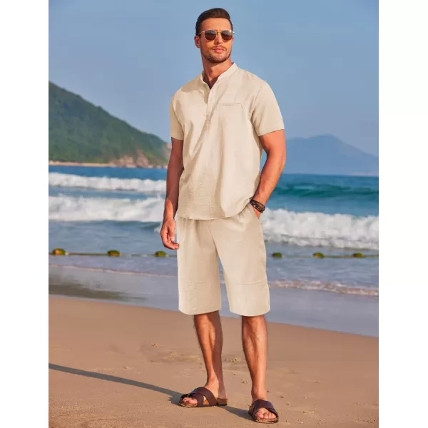 COOFANDY Men's Linen Sets 2 Piece Outfits Short Sleeve Henley Shirts and Shorts Summer Beach Yoga Pants Set