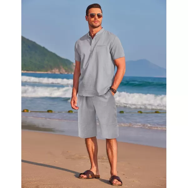 COOFANDY Men's Linen Sets 2 Piece Outfits Short Sleeve Henley Shirts and Shorts Summer Beach Yoga Pants Set
