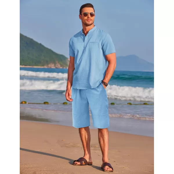 COOFANDY Men's Linen Sets 2 Piece Outfits Short Sleeve Henley Shirts and Shorts Summer Beach Yoga Pants Set