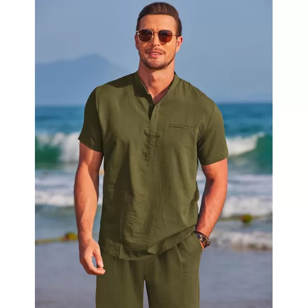 COOFANDY Men's Linen Sets 2 Piece Outfits Short Sleeve Henley Shirts and Shorts Summer Beach Yoga Pants Set