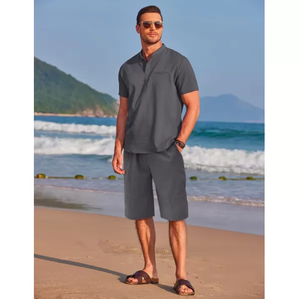 COOFANDY Men's Linen Sets 2 Piece Outfits Short Sleeve Henley Shirts and Shorts Summer Beach Yoga Pants Set