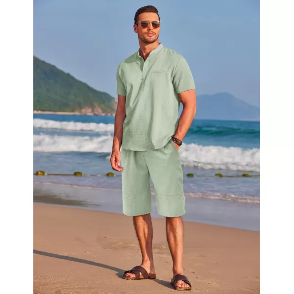 COOFANDY Men's Linen Sets 2 Piece Outfits Short Sleeve Henley Shirts and Shorts Summer Beach Yoga Pants Set