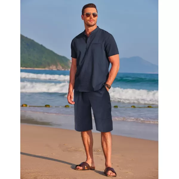 COOFANDY Men's Linen Sets 2 Piece Outfits Short Sleeve Henley Shirts and Shorts Summer Beach Yoga Pants Set
