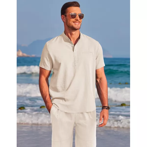 COOFANDY Men's Linen Sets 2 Piece Outfits Short Sleeve Henley Shirts and Shorts Summer Beach Yoga Pants Set