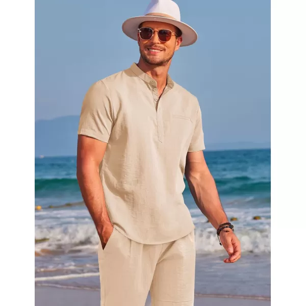 COOFANDY Men's Linen Sets 2 Piece Outfits Short Sleeve Henley Shirts and Shorts Summer Beach Yoga Pants Set