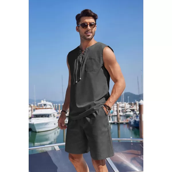 COOFANDY Mens Linen Sets Outfits 2 Piece Beach Drawstring Tank Tops Sleeveless Shirt Matching Shorts Set Hippie Wedding