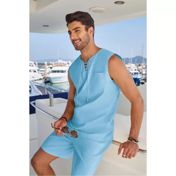 COOFANDY Mens Linen Sets Outfits 2 Piece Beach Drawstring Tank Tops Sleeveless Shirt Matching Shorts Set Hippie Wedding