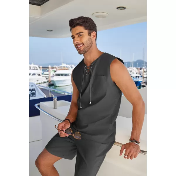 COOFANDY Mens Linen Sets Outfits 2 Piece Beach Drawstring Tank Tops Sleeveless Shirt Matching Shorts Set Hippie Wedding