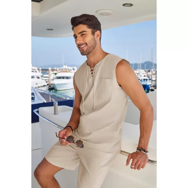 COOFANDY Mens Linen Sets Outfits 2 Piece Beach Drawstring Tank Tops Sleeveless Shirt Matching Shorts Set Hippie Wedding
