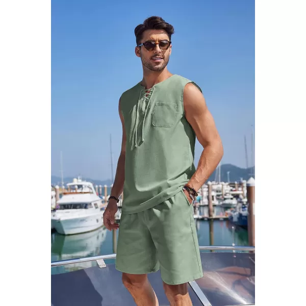 COOFANDY Mens Linen Sets Outfits 2 Piece Beach Drawstring Tank Tops Sleeveless Shirt Matching Shorts Set Hippie Wedding