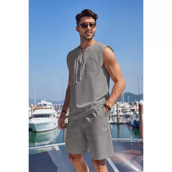 COOFANDY Mens Linen Sets Outfits 2 Piece Beach Drawstring Tank Tops Sleeveless Shirt Matching Shorts Set Hippie Wedding