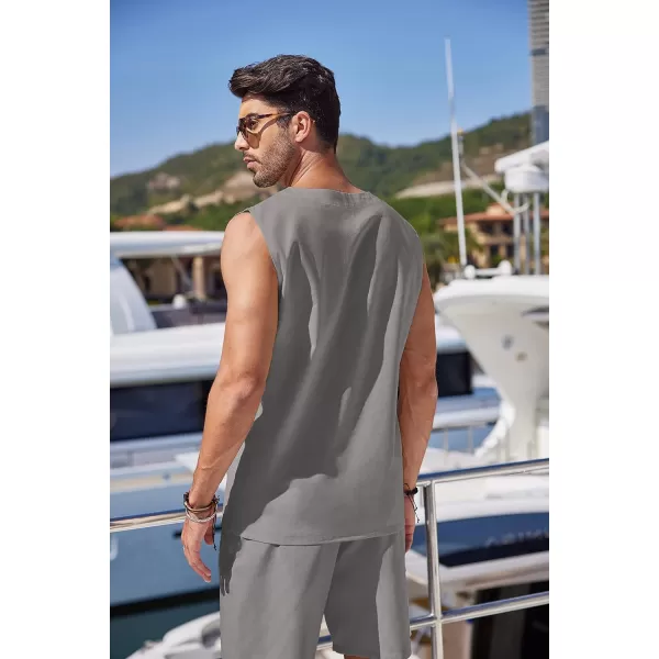 COOFANDY Mens Linen Sets Outfits 2 Piece Beach Drawstring Tank Tops Sleeveless Shirt Matching Shorts Set Hippie Wedding