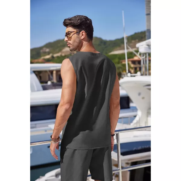 COOFANDY Mens Linen Sets Outfits 2 Piece Beach Drawstring Tank Tops Sleeveless Shirt Matching Shorts Set Hippie Wedding