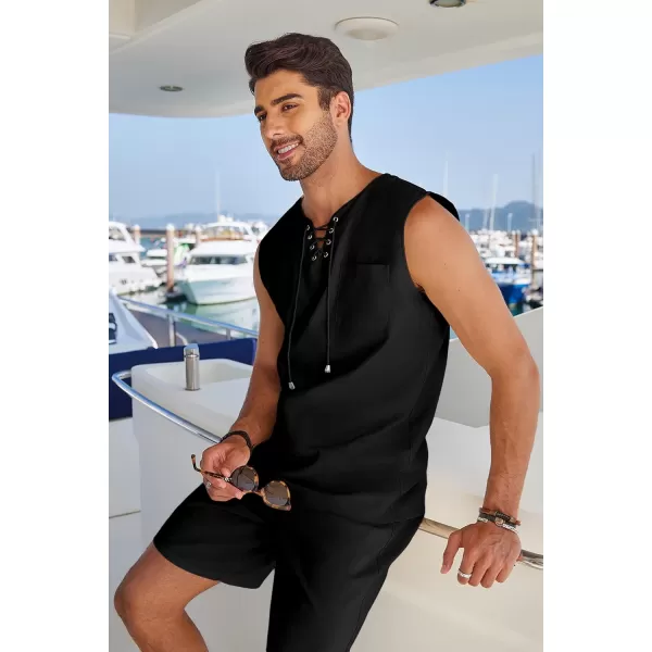 COOFANDY Mens Linen Sets Outfits 2 Piece Beach Drawstring Tank Tops Sleeveless Shirt Matching Shorts Set Hippie Wedding
