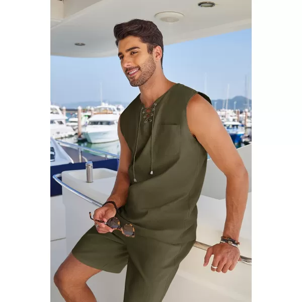 COOFANDY Mens Linen Sets Outfits 2 Piece Beach Drawstring Tank Tops Sleeveless Shirt Matching Shorts Set Hippie Wedding
