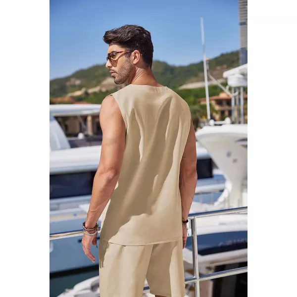 COOFANDY Mens Linen Sets Outfits 2 Piece Beach Drawstring Tank Tops Sleeveless Shirt Matching Shorts Set Hippie Wedding